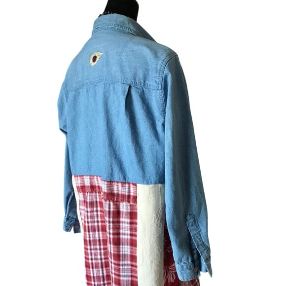 Patchwork Duster, Size L: Upcycled Button-Down Boho Jacket Dress, Lady Bugs - Picture 9 of 13